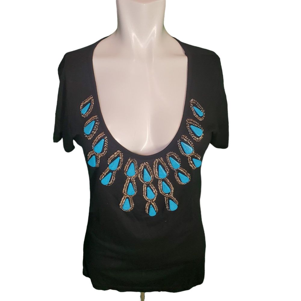 Alberto Makali Black Embellished Beaded Turquoise Tee Top Glam T-Shirt sz M